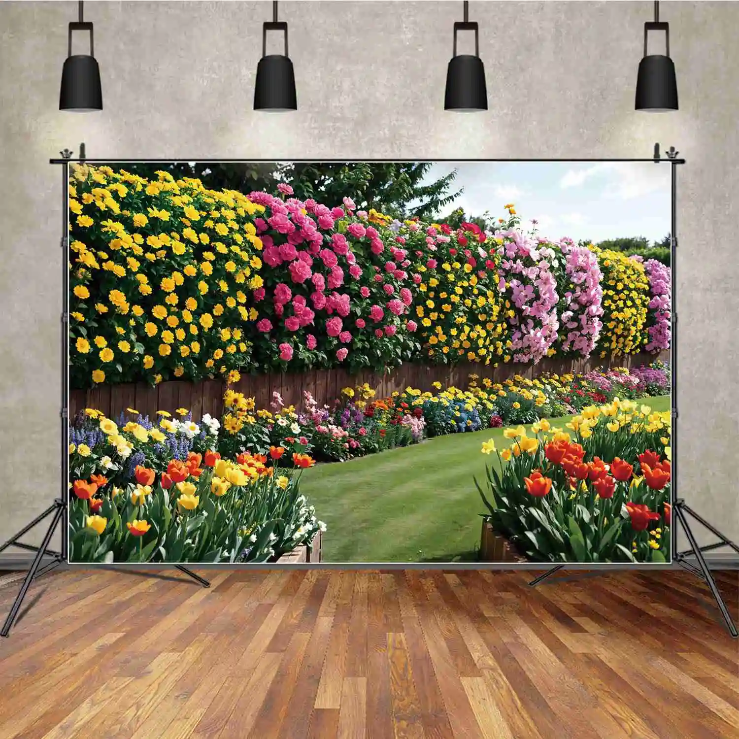 Fondos de fotografía personalizados para niños, flores de primavera, jardín, camino, pared de madera, paisaje, foto, pancartas