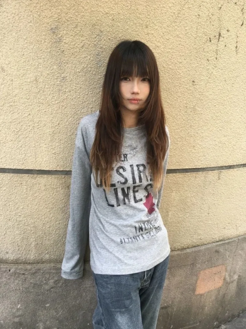 American Vintage Long Sleeved Spring Autumn Letter Print Gray Base Shirts Slim Fit Subculture Tops Y2k Clothes Graphic T Shirts