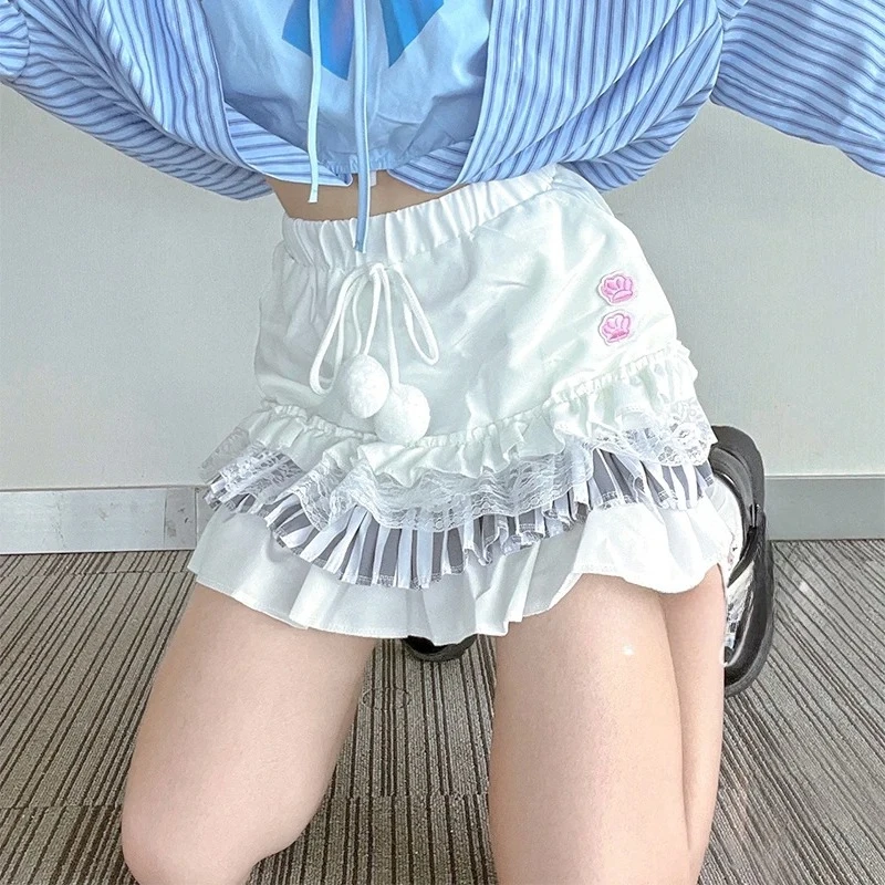 

Japanese Sweet Cute Cake Skirt Women Fashion White A Line Mini Skikrts Summer Kawaii Harajuku Y2k Casual 2000s Lace Short Skirt