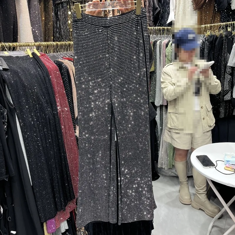 Stage Performance Costumes Heavy Industry Full Diamond Design Casual Pants 2026 Spring New Cool Fashion Long Trousers For Ladies