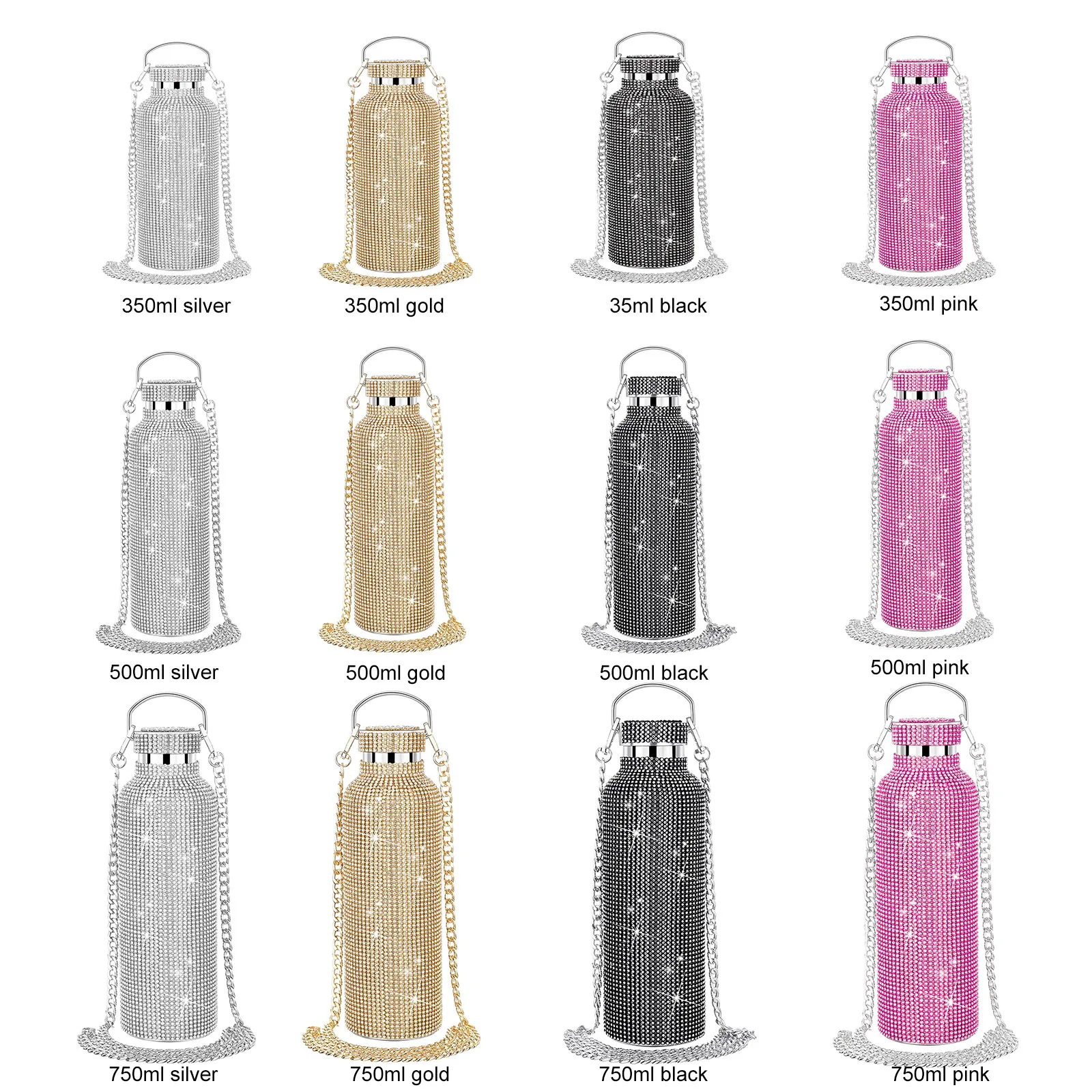 

350ml/500ml/750ml Diamond Bottle with Chain Glitter Water Bottle 304 Stainless Steel Reusable Easy Clean Girl Women Gift