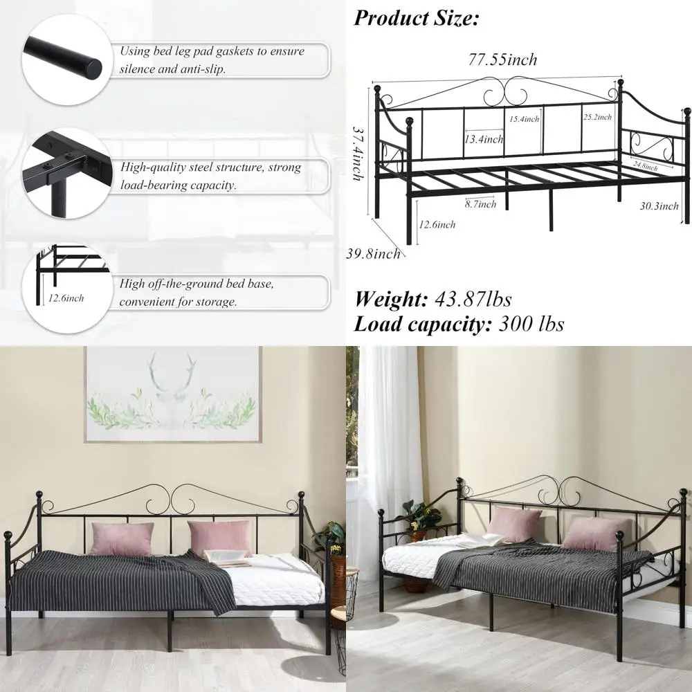 

Черный металлический каркас двуспальной кушетки с изголовьем, матрасная платформа, диван-кровать для гостиной/гостевых комнат