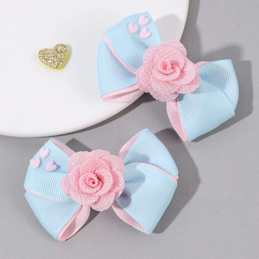 2Pcs Solid Ribbon Bow Hairpin Sweet Lace Flower Hair Clips For Girl Princess Barrettes Headwear Kids Headwear Accessories