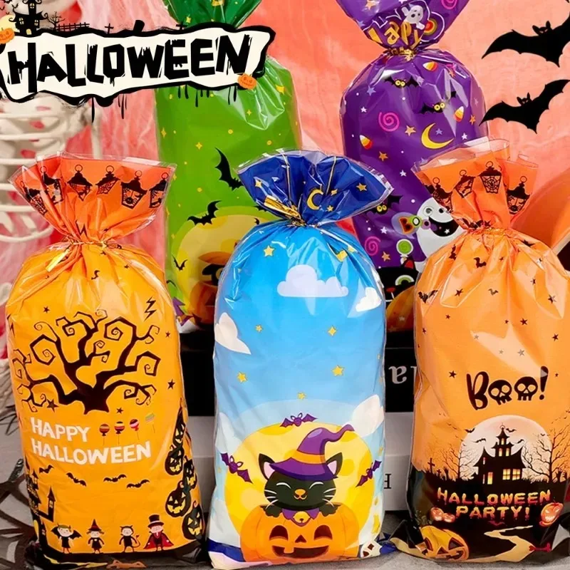 50/200PCS Halloween Candy Bags Cartoon Skull Plastic Package Pumpkin Trick or Treat Snack Gift Bag With Twist Tie Party Supplies