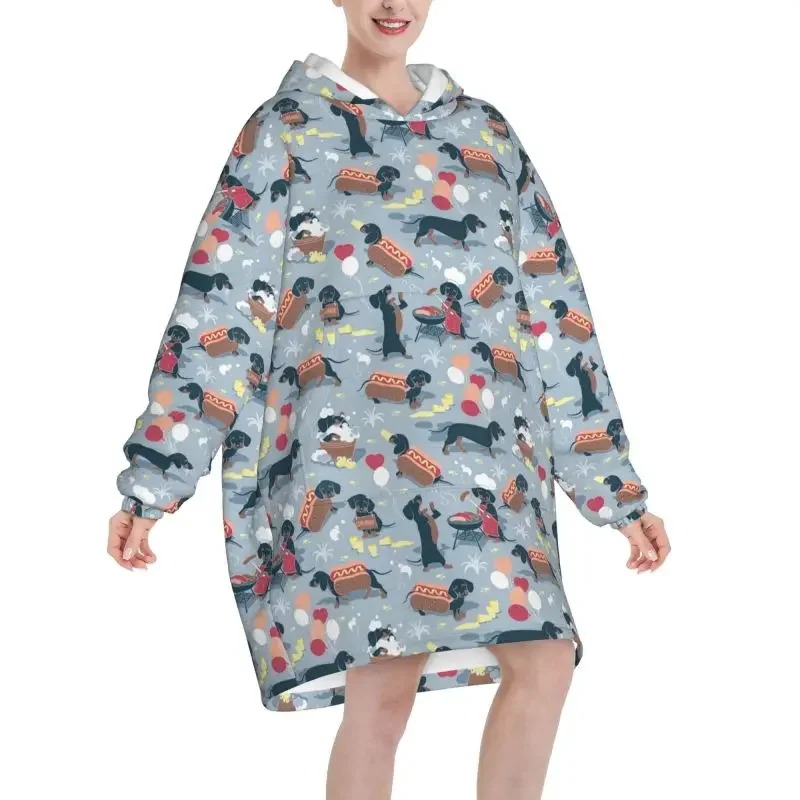 Cute Dachshund Wearable Blanket Hoodie Oversized Hooded Blankets for Women Soft Warm Cozy Flannel Fleece Pullover Sweatshirt