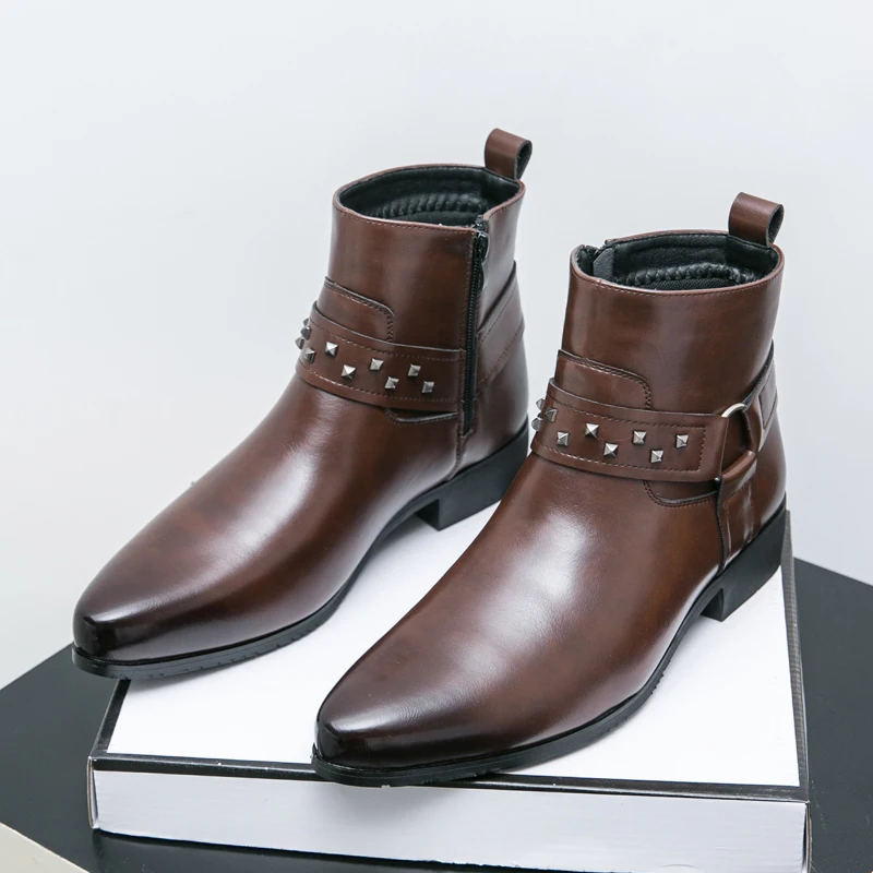 

High Top Knight Boots Men PU Pointed Fashion Simple and Versatile Side Zipper Business Men Boots