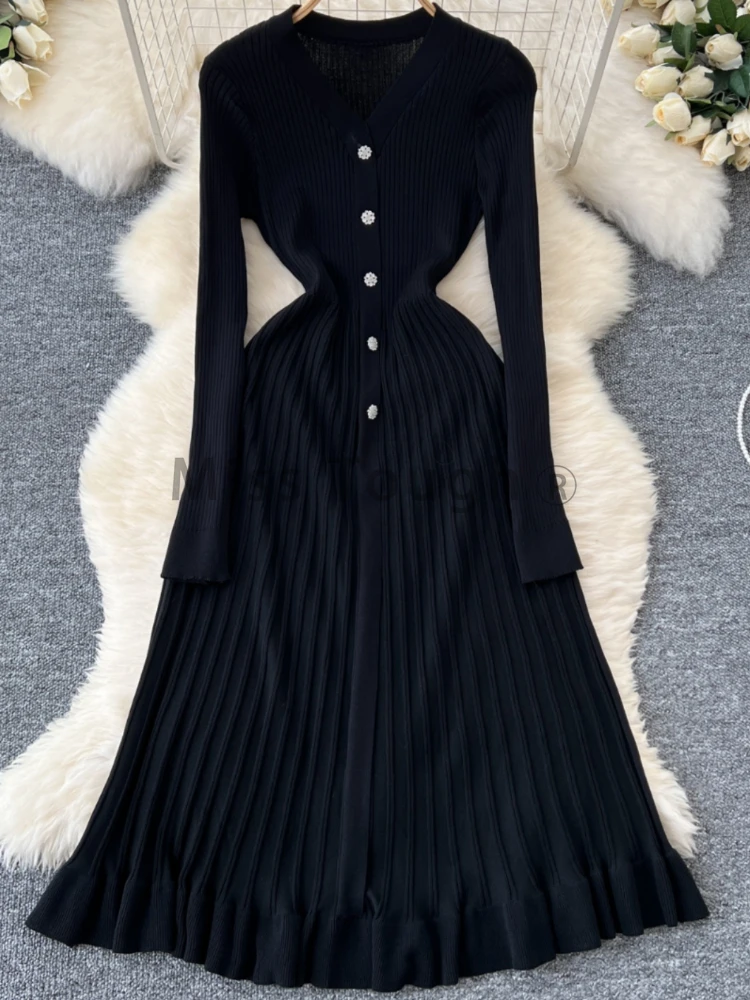 Autumn French Retro Knitted Elegant Long Dress Women Design V-neck Single Breasted Dresses Female Fashion Solid Slim Clothes New