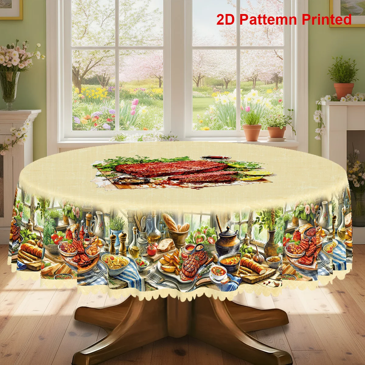 1 piece, food-themed party tablecloth, with steak, bread and pasta patterns printed on ityzb