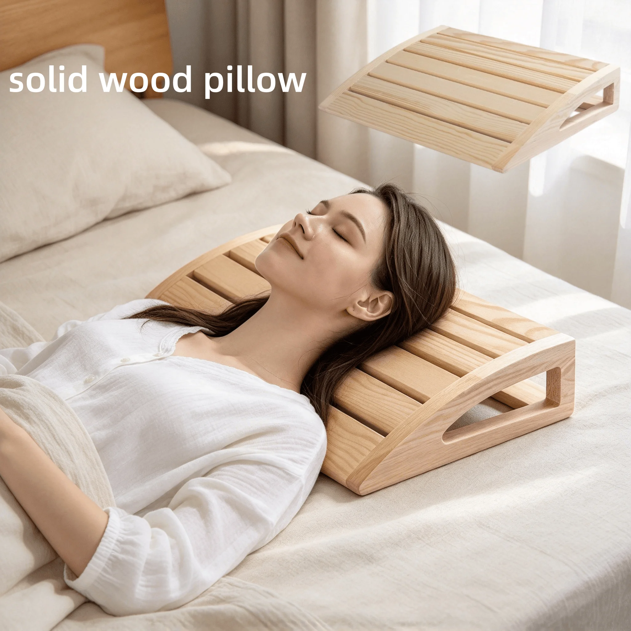 Ergonomic Solid Wood Head Rest Pillow Natural Pine Slatted Cervical Neck Support Pillow for Relaxation