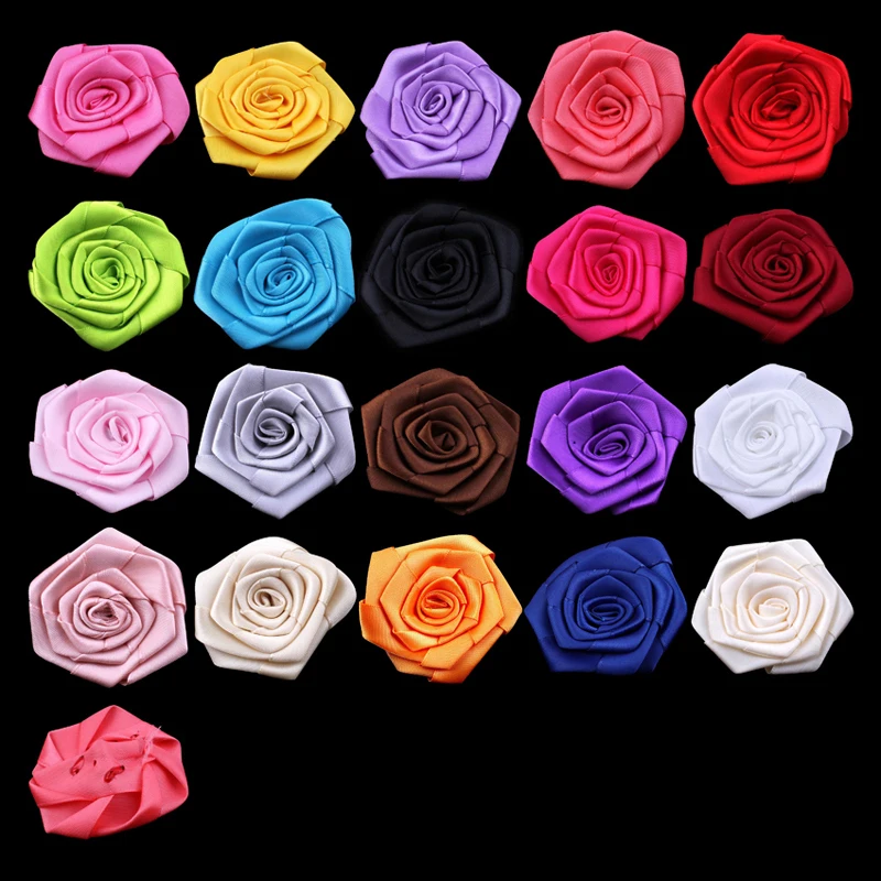 

20pcs/lot 2.4" 20colors Ruffled Satin Ribbon Rolled Rose Flower For Hair Accessories Artificial Fabric Flowers For Headbands