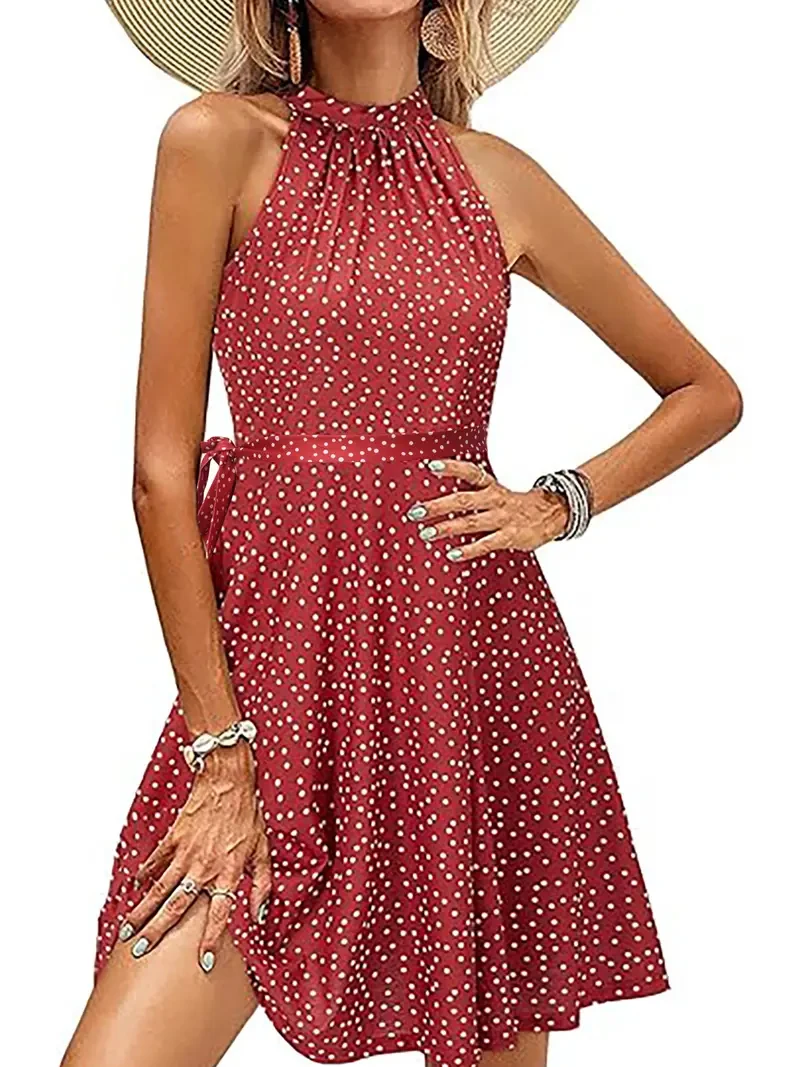 Nice-forever Summer Women Vintage Polka Dots Dresses Casual Party Dress MY739