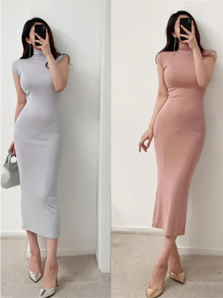 WOMENGAGA Korea 2022 Autumn Clothing New Style Feminine Turtleneck Slim Sexy Tank Maxi Long Dress Hot Sexy Korean Women FD11