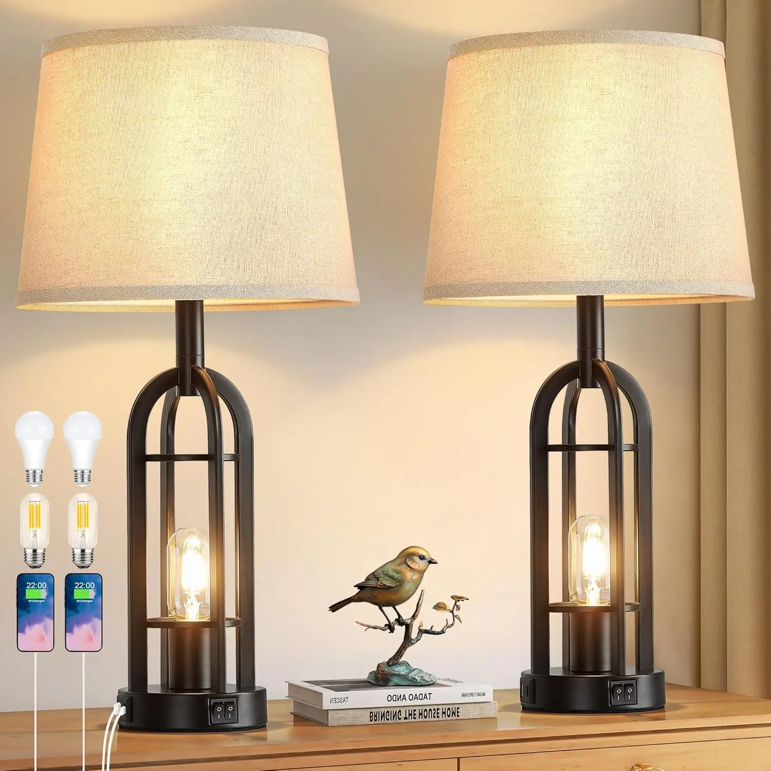 

Set of 2 Black Farmhouse Table Lamps with USB A+C Ports, 24'' Industrial Style for Living Room Bedside Night Stands