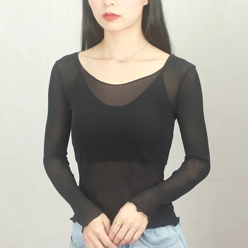 Women's round Neck Long Sleeve Mesh Base Shirt Thin Summer Sand Cover up Inner Shirt See through Fashionable Lined Top