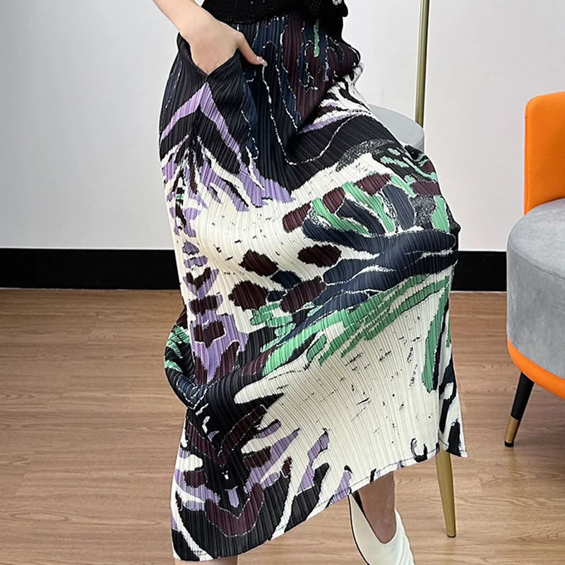 Summer New Multicolor Elastic Waist Printing A-line Skirt Women High Street Casual Pleated High Waist All-match Hip Wrap Skirt