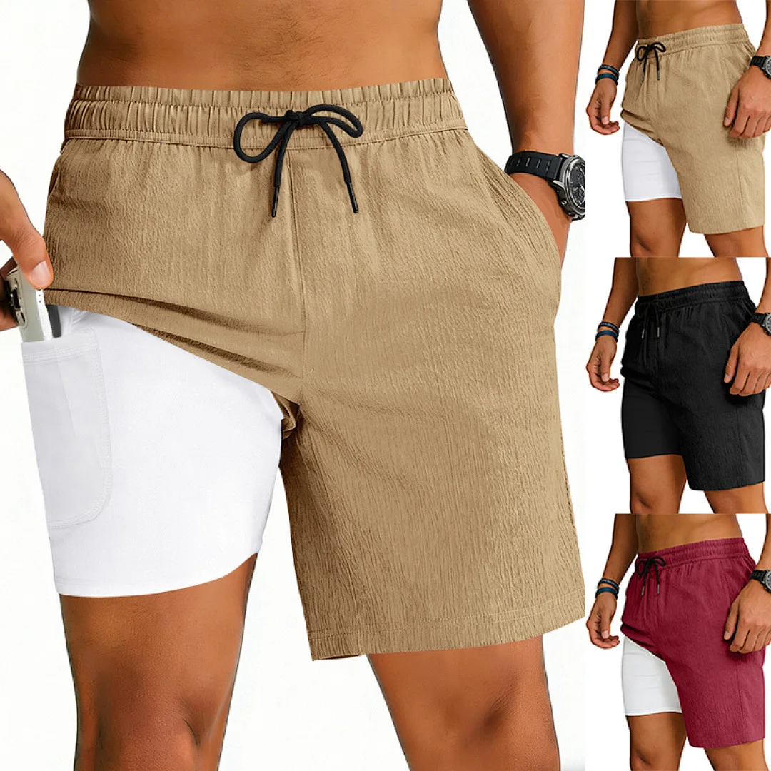 Cross-border GYM men's summer quick-drying sports jogging fake two-piece double-layer fitness function casual drawstring shorts