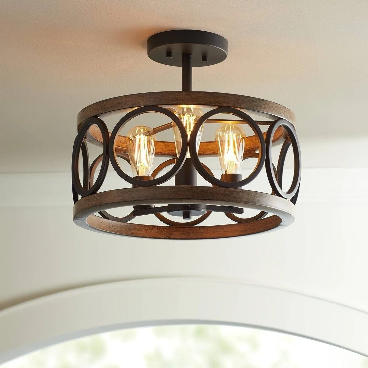 Vintage Farmhouse Semi Flush PendantLight Adjustable Rod Sloped CeilingCompatible Wood Metal LampforHallway Kitchen Dining Attic