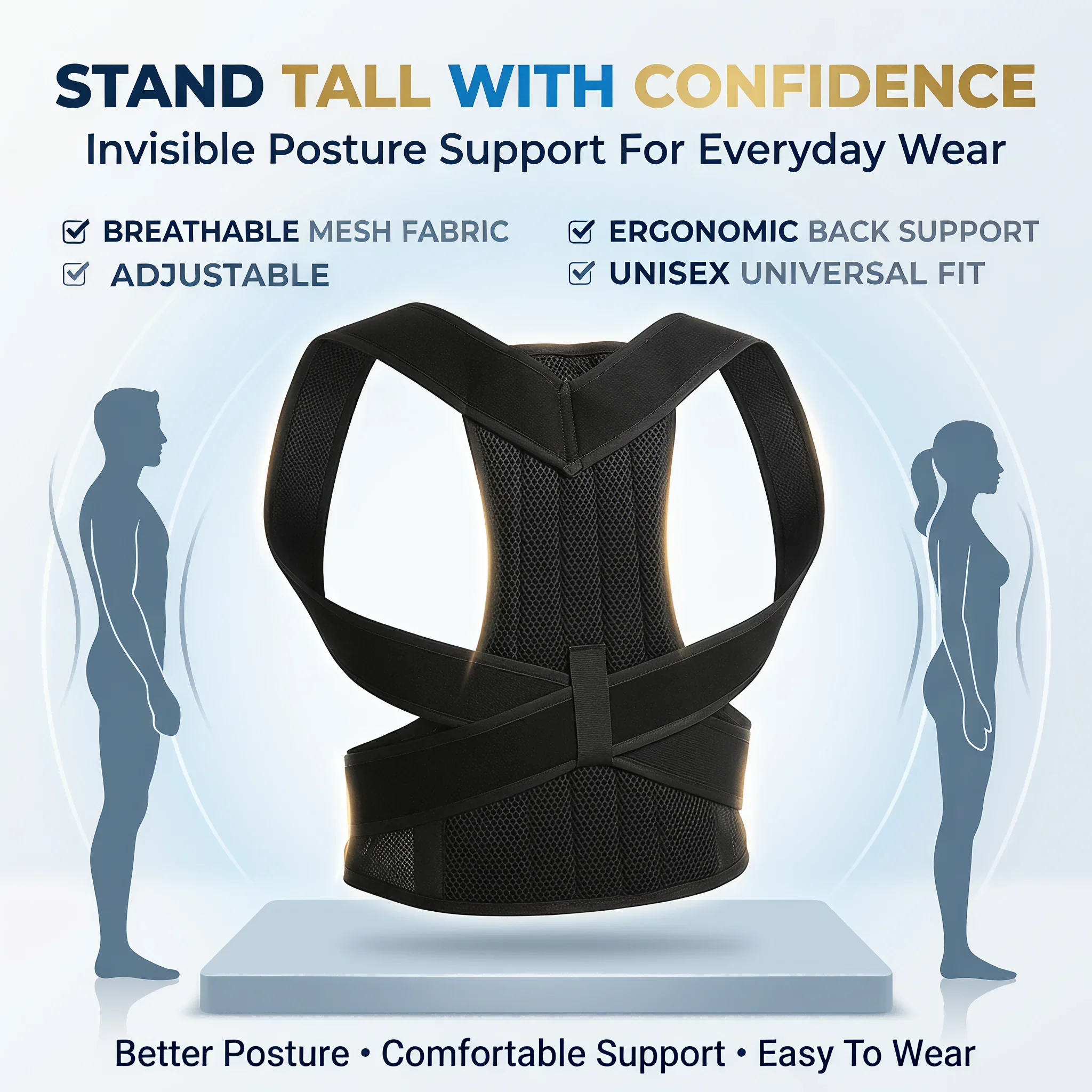 Lightweight Breathable Mesh Posture Corrector for Women Men, Back Support Brace for Upper Back Pain Relief, Adjustable Shoulder