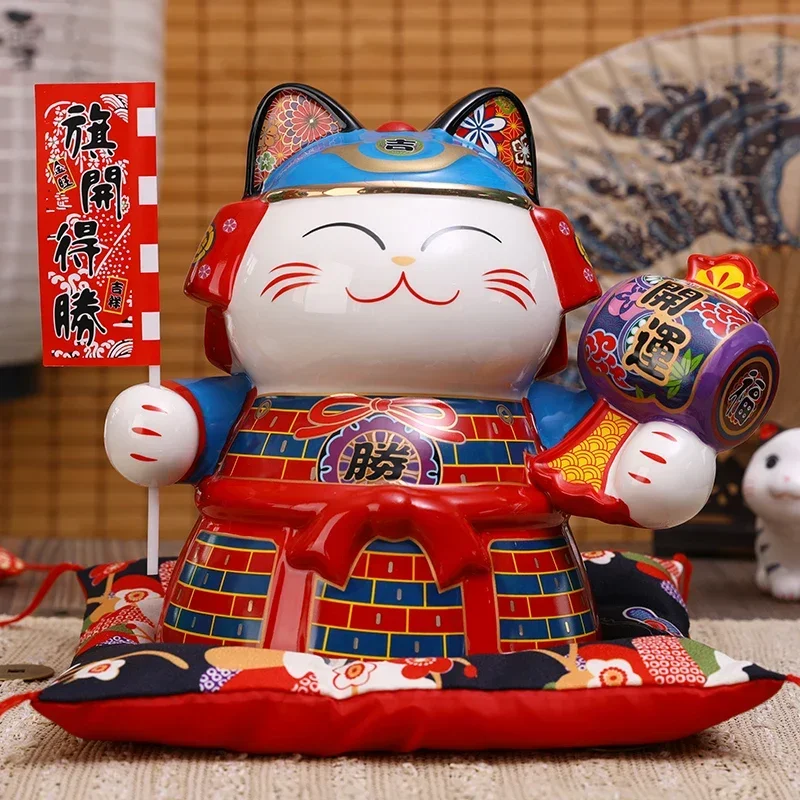 

9-дюймовый японский самурайский орнамент, керамический Maneki Neko, счастливая кошка, копилка, копилка, украшение талисмана, подарок