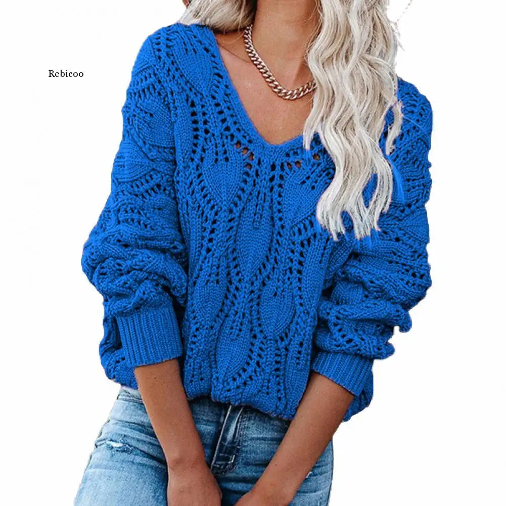 

V-Neck Sweater Hollowed Out 4-Color Women's Fashion Autumn Loose Knit Pullover