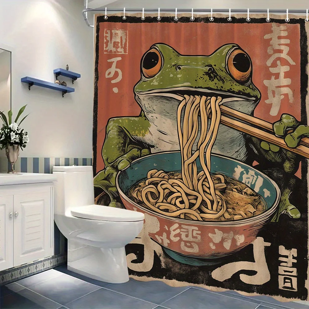 Japanese Anime Frog Ramen Shower Curtain Bathroom Decor Kawaii Manga Cartoon Bath Curtain Novelty Accessories for Kids Home Use