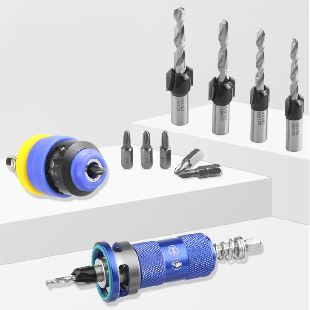 Precision Drill Bit Set with Adjustable Depth Stop for Woodworking and Renovation Designed for Accurate Depth Control