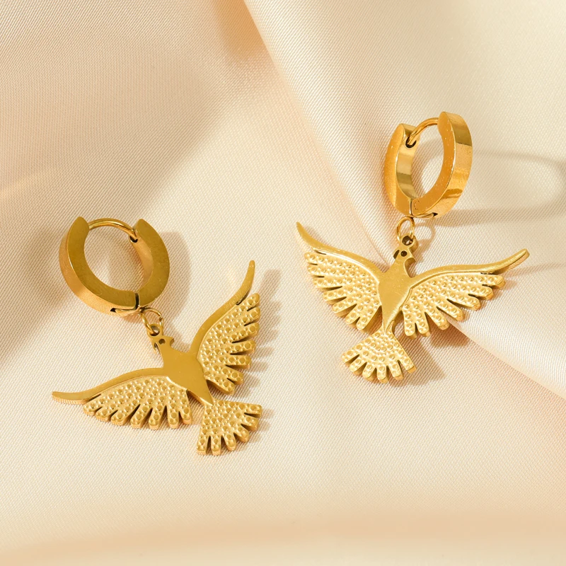 GANEMLY 316L Stainless Steel Phoenix Bird Dangle Earrings For Women Fashion 18K Gold Plated Waterproof Ear Jewelry Gift Bijoux