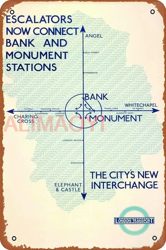 Escalators now connect Bank and Monument Stations, 1933 Funny Metal Novelty Tin Sign Metal Retro Wall Decor for Home,Street, ALA