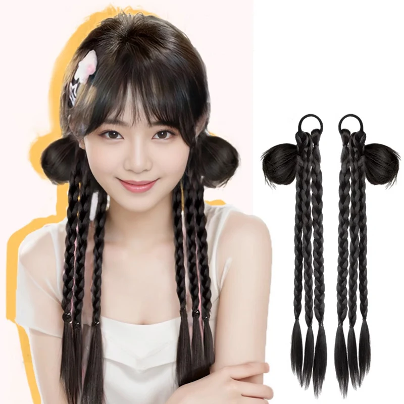 2 pieces Synthetic Long Ponytail Extensions Boxing Braids Wrap Around Chignon Tail With Rubber Band Hair Ring Dreadlocks Heat Re