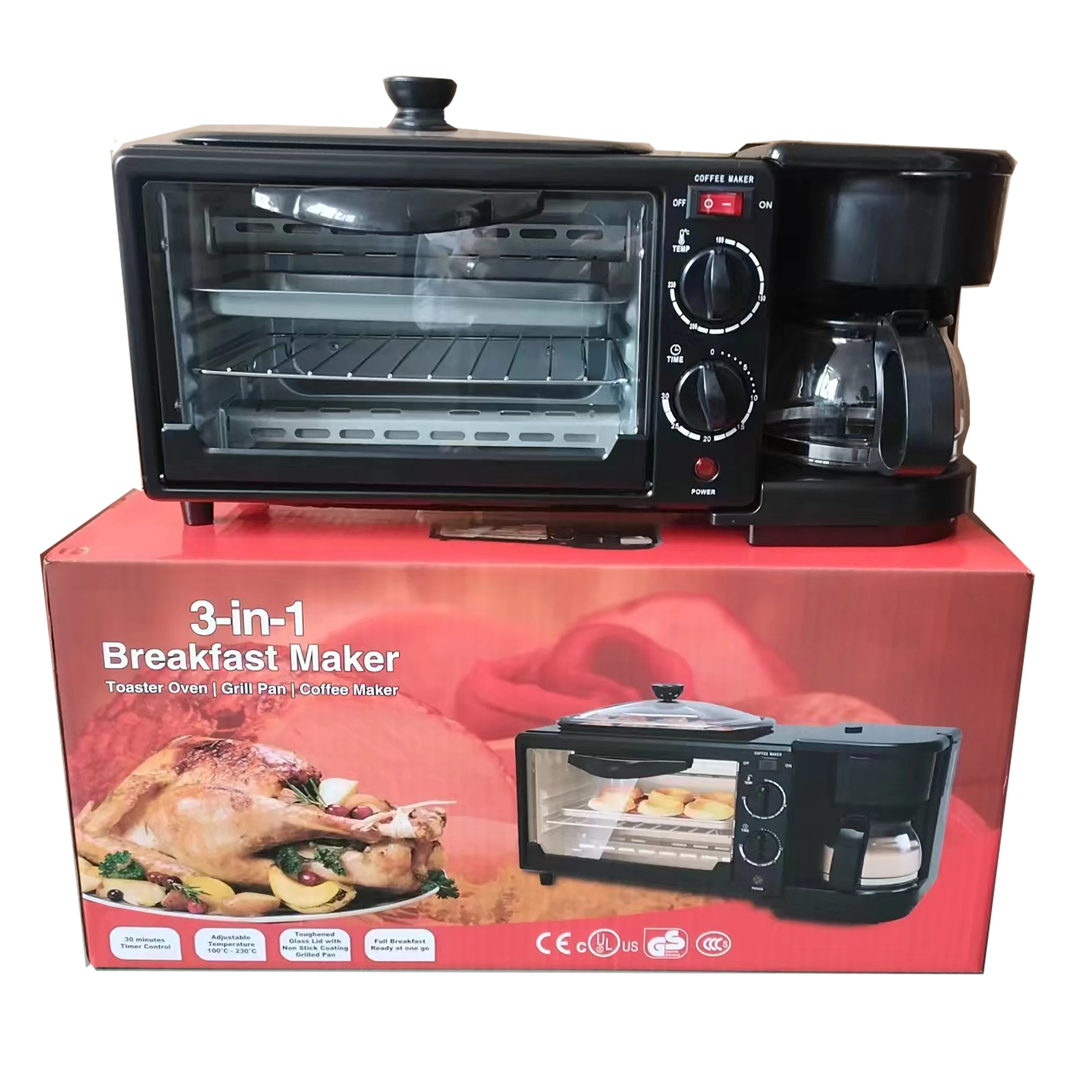 Horno tostador multifunción con cafetera, parrilla para tostadas y plato caliente, 3 en 1, máquina de desayuno