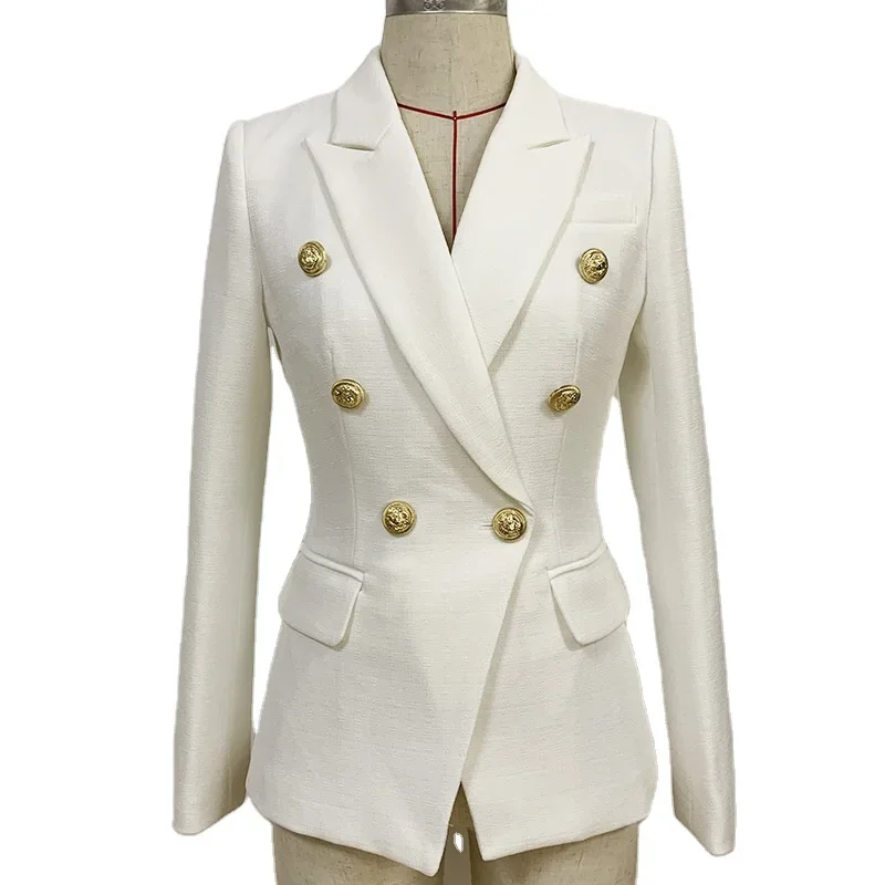 2024 Women Lady Fashion Women's Lapel V-neck Suit Coat Jacket Metal Button Buckle Double-breasted Slim-fit Linen Coat Suit