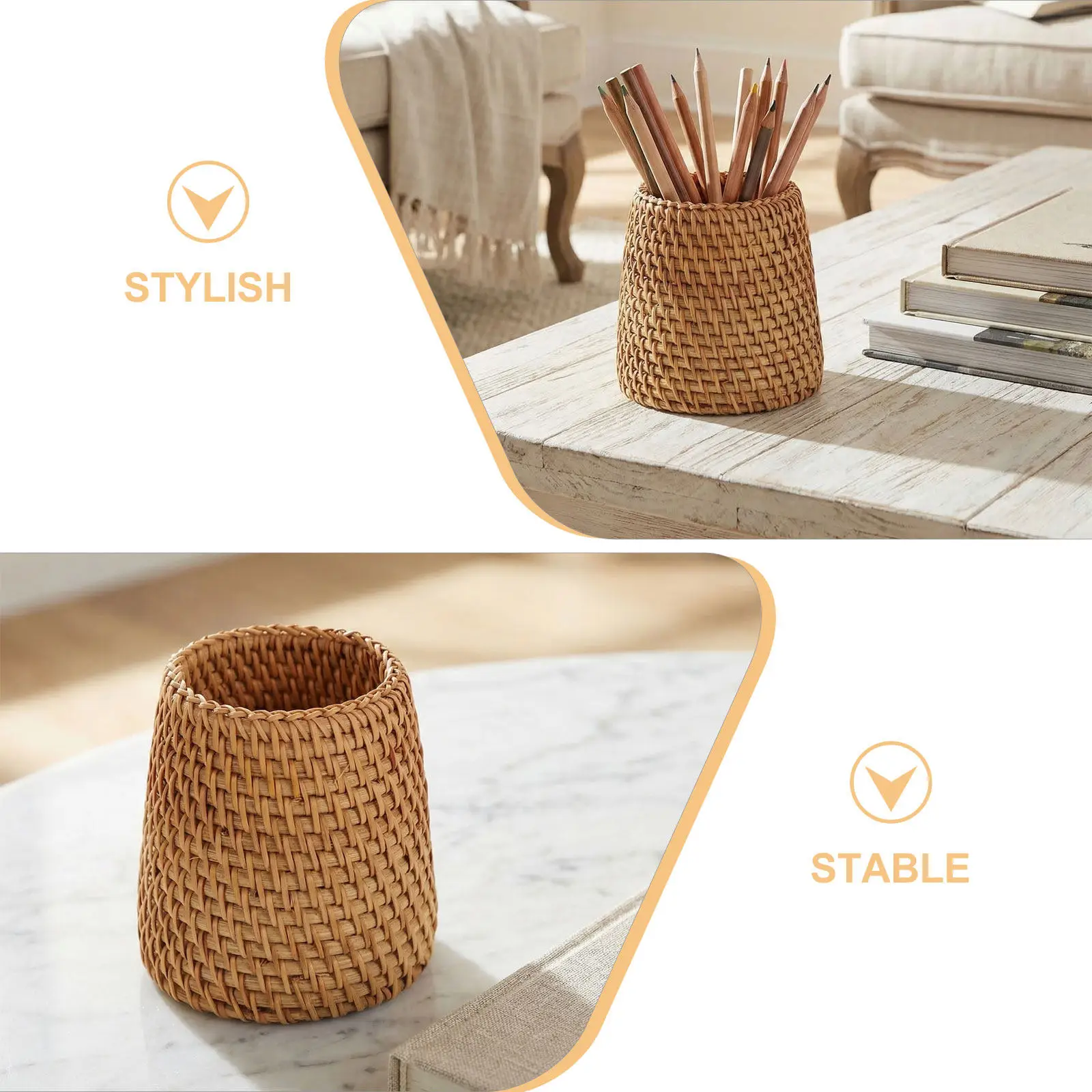 2Pcs Boho Rattan Pencil Holder Handwoven Desk Organizer Makeup Brush Pot Rustic Stationery Holder Woven Vase 4x3.5x3