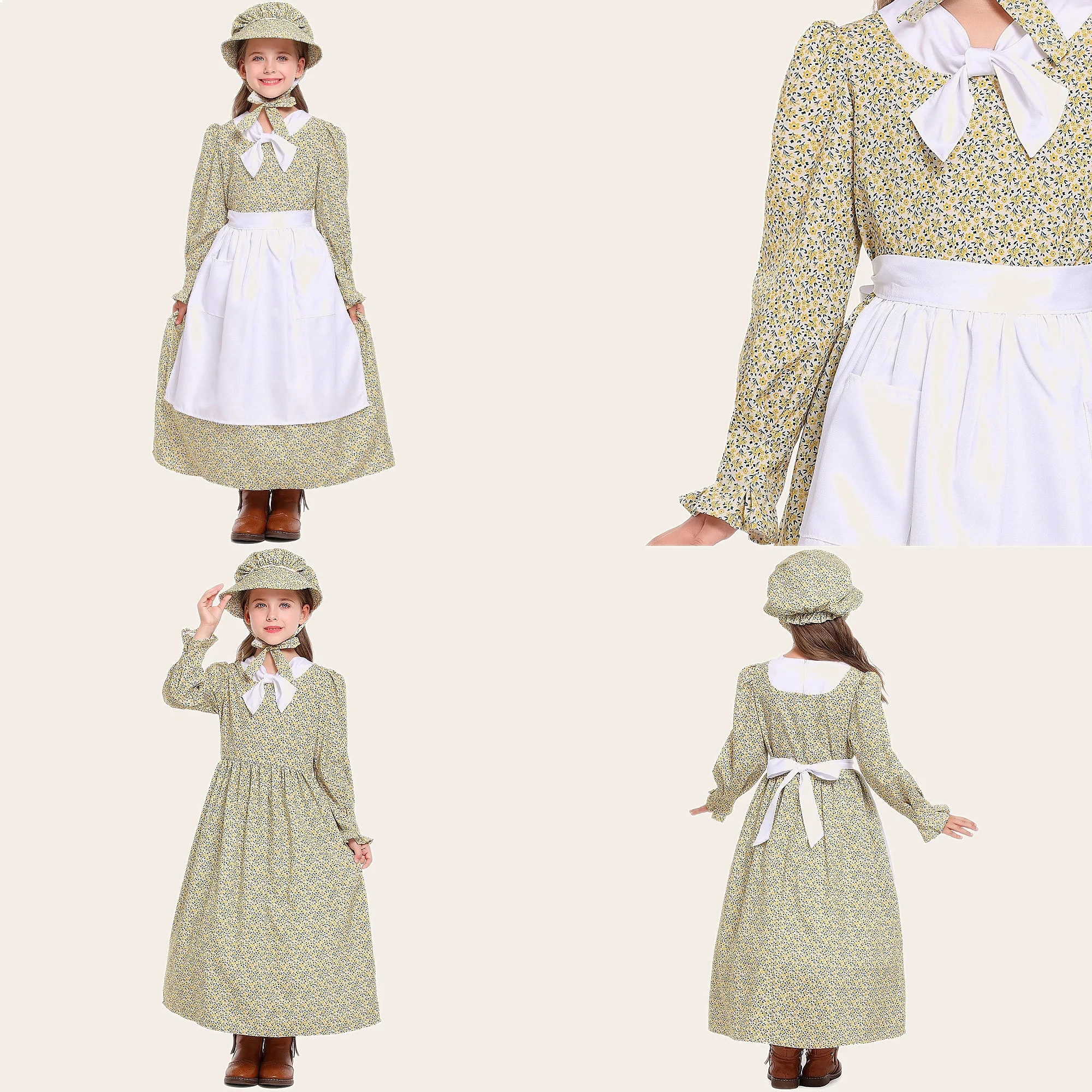 

Yellow Floral Neck Scarf Colonial Girl Prairie Pioneer Dress Long Maxi Dress Vintage Farmhouse Style