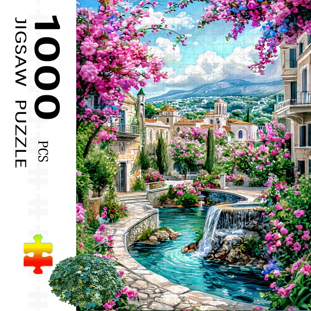 

1000 Premium Adult Cardboard Puzzles - Vibrant Floral Cityscape with Waterfall and Stone Path, Ideal for Home Decor and Family
