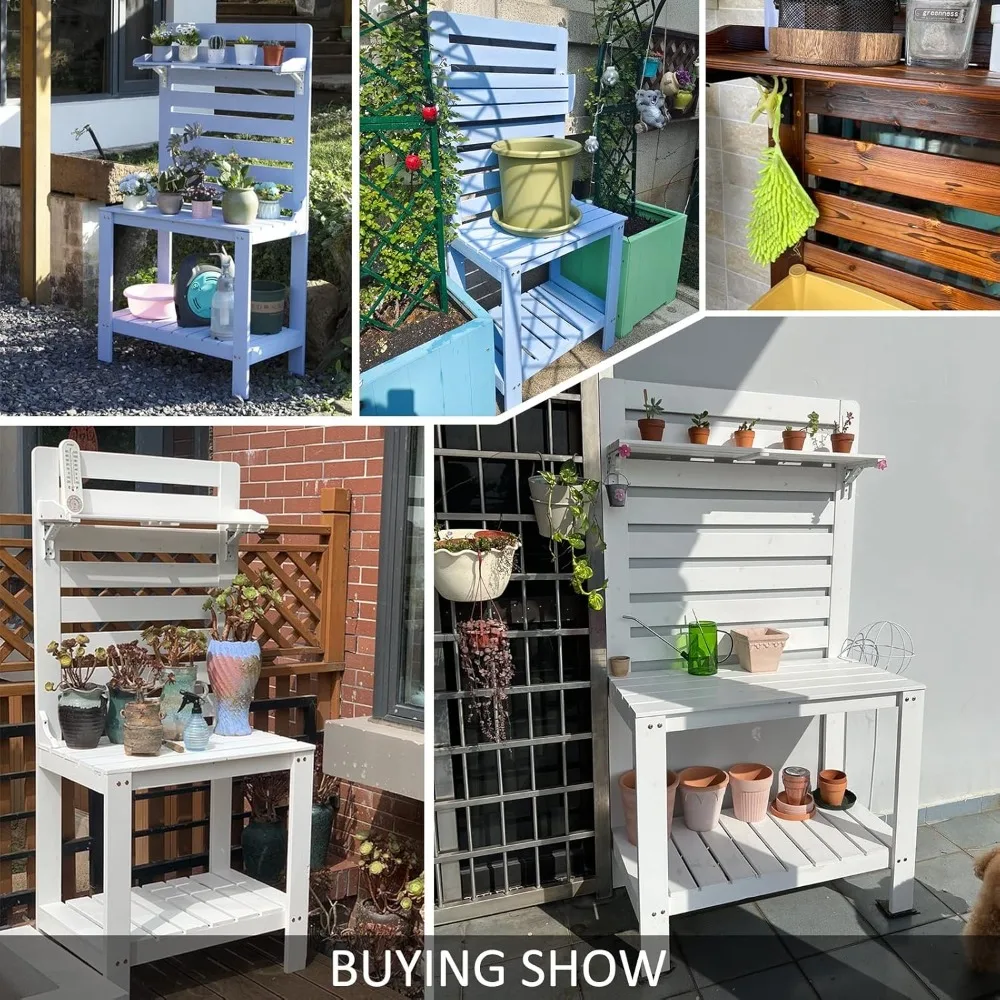 Stół ogrodowy do doniczek - stacja robocza z litego drewna na zewnątrz, ławka ogrodnicza z haczykami, trwały stół do doniczek na zewnątrz