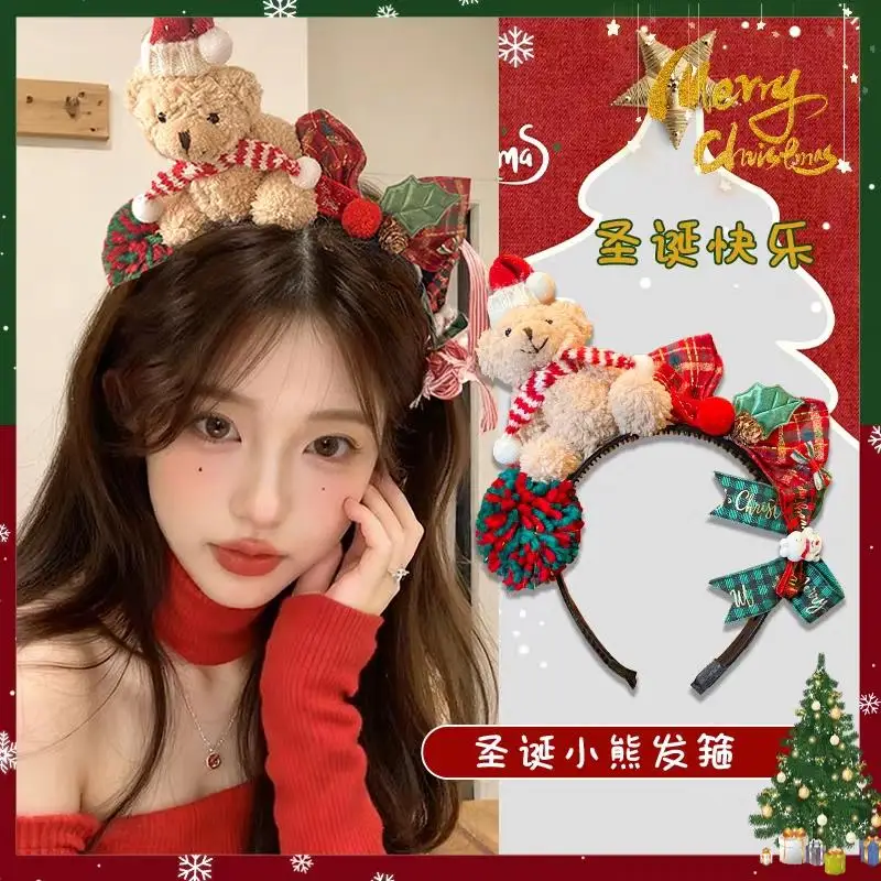 

Plush Teddy Bear Headband Plush Bow Red Hair Band Cute Cartoon Christmas Headband Fluffy Plush HairBand Bowknot Party Dress Up