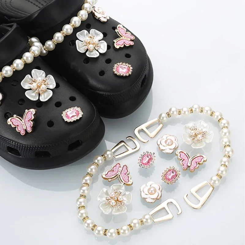 

10pcs Pearl Chain Shoe Charms for DIY Pink Butterfly Pearl Flower Sandal Accessories Removable Cute Style Shoe Buckle Decoration