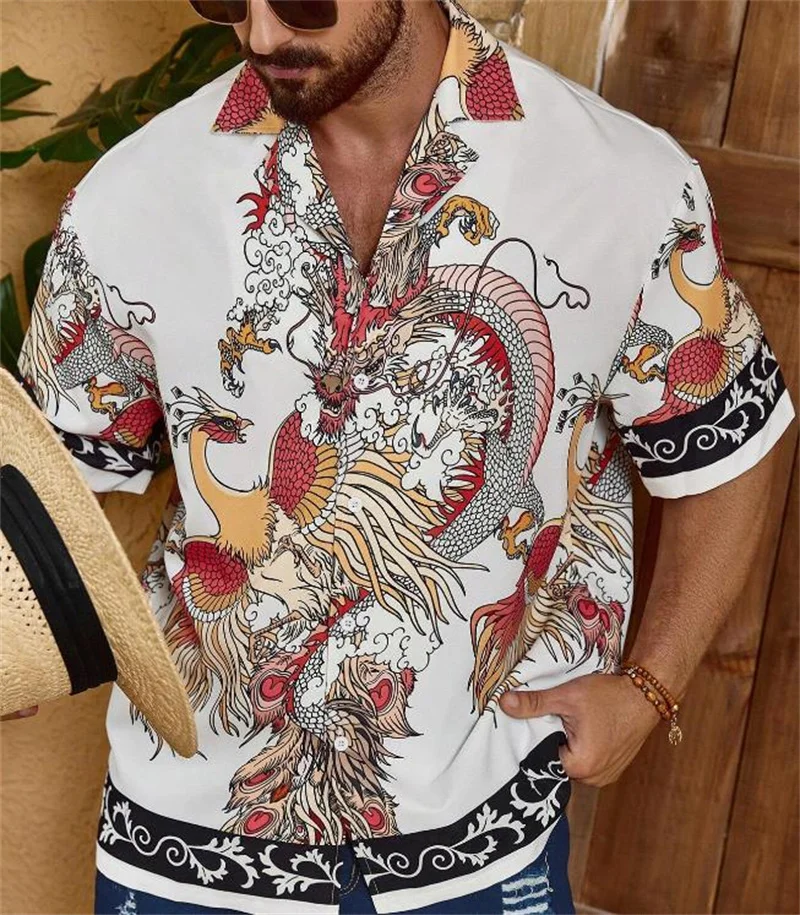 Modern Chinese Dragon Pattern 3D Printed Men\'s Fashion Short Sleeve Hawaiian Casual Loose Style Shirt for Summer Vacation