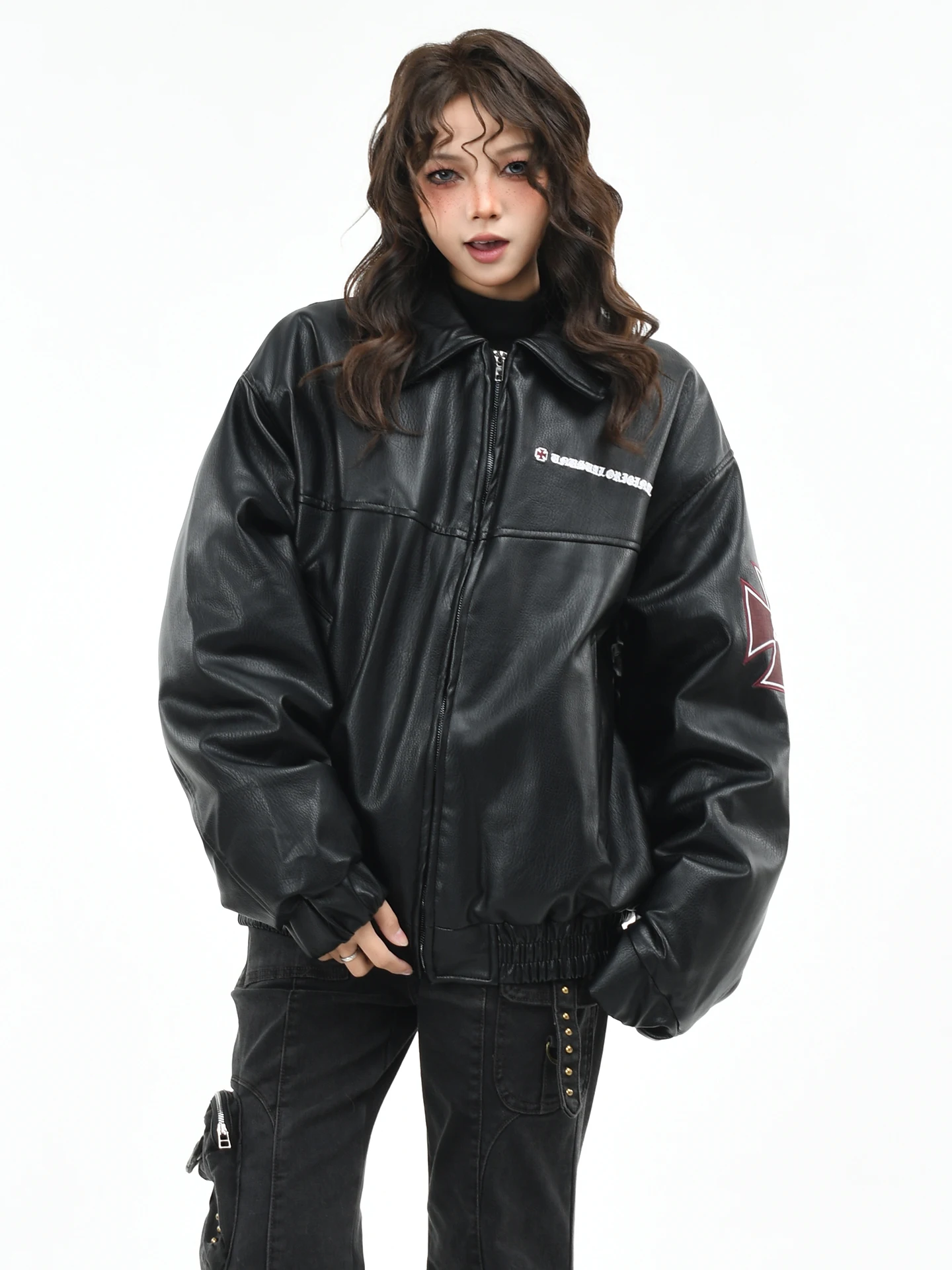 

OV Original American Retro Embroidered PU Leather Collar Cotton Jaet Women Winter Loose Couple Motorcycle Cotton Coat