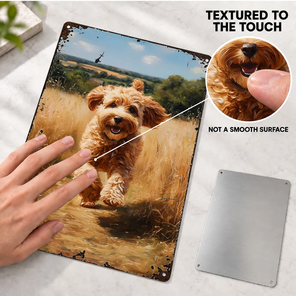 Happy Cockapoo Dog Running Through A Field Printed Poster Playful Wall Art For Home Office Customized Metal Sign Birthday Gift