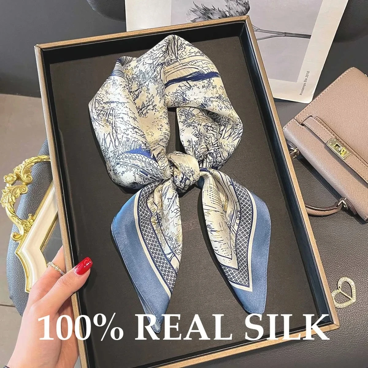 

Элитный бренд: 100% натуральный шелковый платок для женщин, дизайнерская квадратная шаль, лента для волос, повязка на голову, модный шейный платок, фулярд, бандана, пашмина