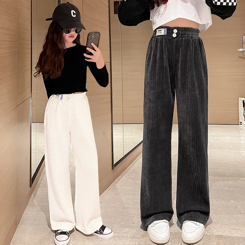 Girls' Corduroy Wide-leg Pants Spring and Autumn Thin Straight Leg Children's Wide-leg Pants Teenage Kids Autumn Chenille Pants