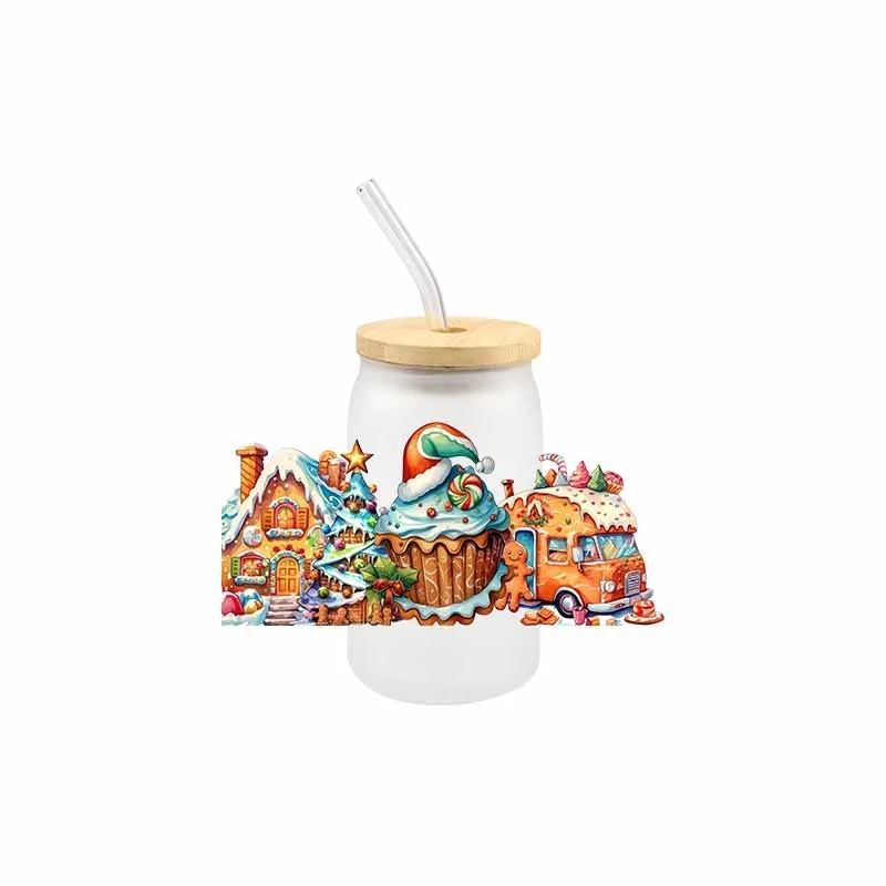 DIY Christmas UV DTF 3D Transfer Sticker Wraps Cup Animals Cow Owl Santa Claus 16 OZ Glass Cup Decals