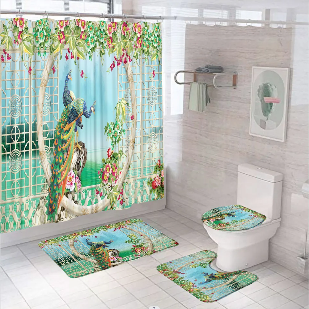 

Vintage Peacock Shower Curtains Set For Bathroom Decor Accessories 3D Animal Flower Ocean Non-Slip Rug Bath Mat Toilet Lid Cover