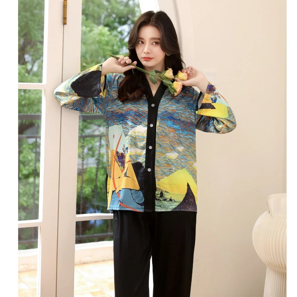 

Lisacmvpnel Spring New Ice Silk Women Pajama Set Print Fashon Long Sleeve Suit Pyjamas Cardigan High Quality Suit Sleepwear