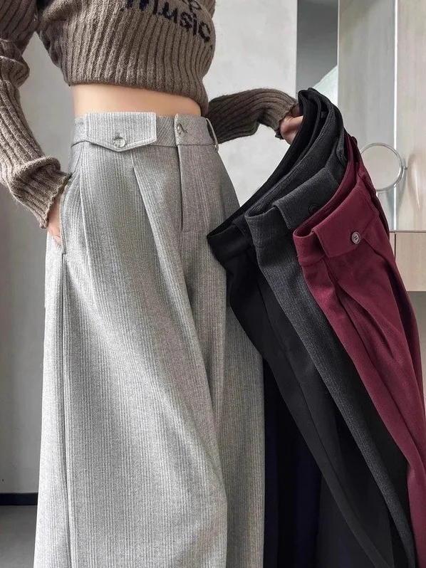 

Thiened Fce Wide Leg Pants Women's Autumn Winter Casual Loose Drapey Floor-Length Suit Pants High-End Feelings