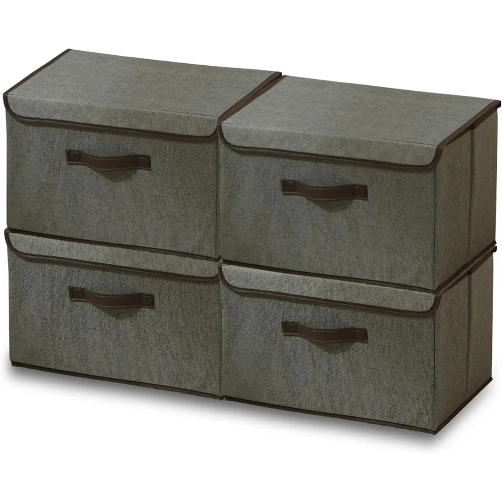 4 عبوات من صناديق تخزين كبيرة مع غطاء، وصناديق تخزين قابلة للطي، وصناديق تخزين قماشية قابلة للغسل، وقماش كتان قطني بغطاء مزخرف #1