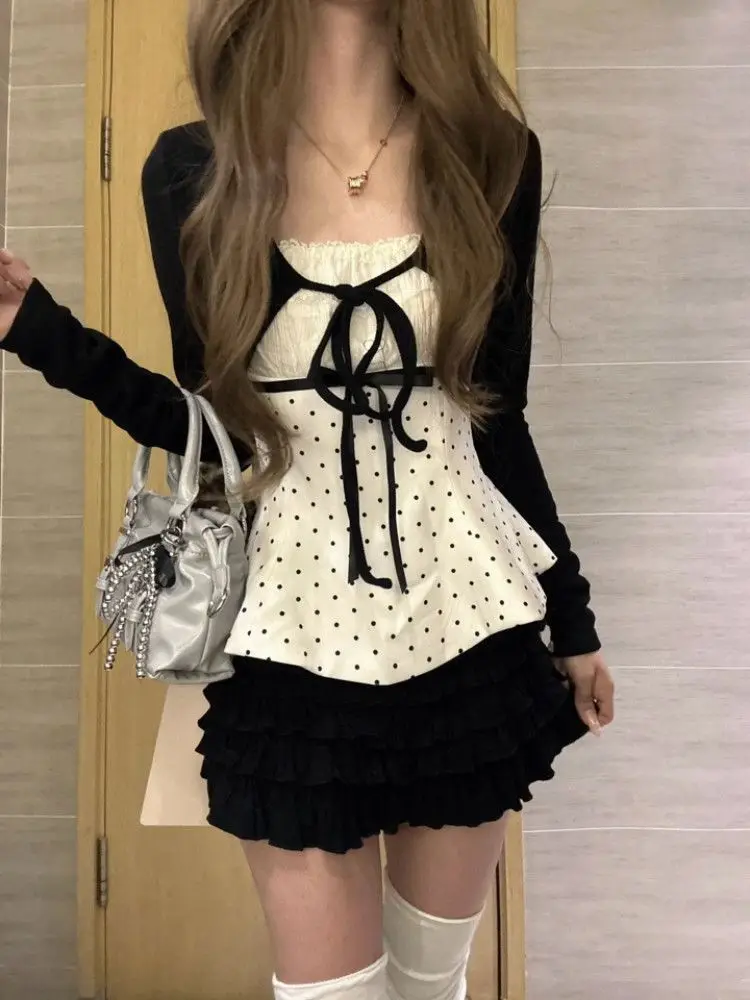 Korean Fashion Polka Dots Lace Bow Tie 3 Piece Set Women Girls Black Tiered Ruffle Mini Skirt Cami Top Short Cardigan Daily Wear