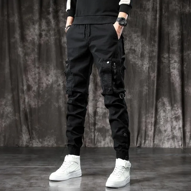 Spring And Autumn Men's Cargo Pants, Slim Jogger Pants, American Style Multi-pocket Skinny Black Pants