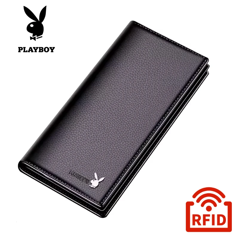 PLAYBOY Men's Wallet Long Zipper Leather Large Capacity Thin Leather Wallet Card Bag RFID Protected Wallet